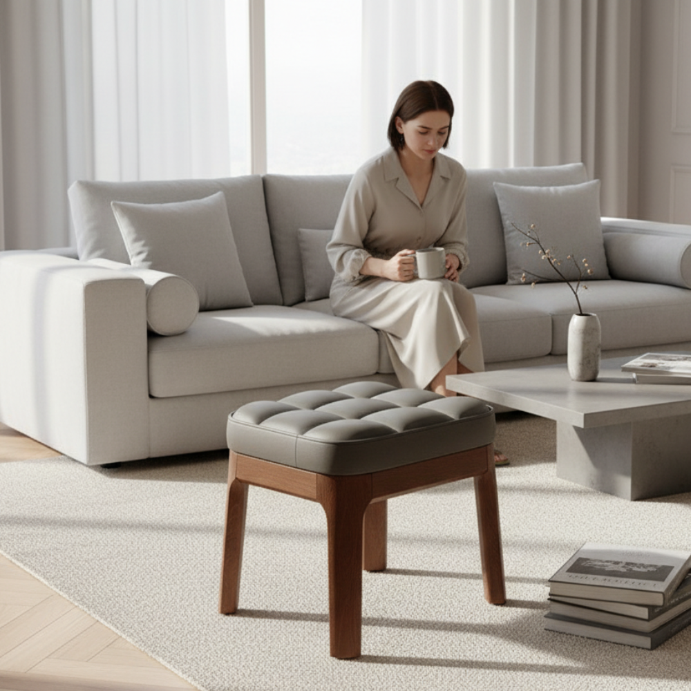 Contemporary Minimalist Low Stool with PU Leather Upholstery | Ridorn-Stools-Ridorn