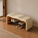 Contemporary minimalist shoe bench beige and gray with storage front view