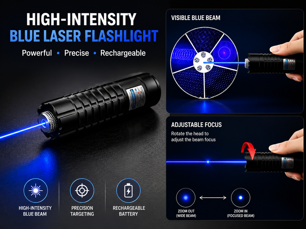 High-Intensity Laser Flashlight, Rechargeable Outdoor Torch & Fire Starter, Blue Beam