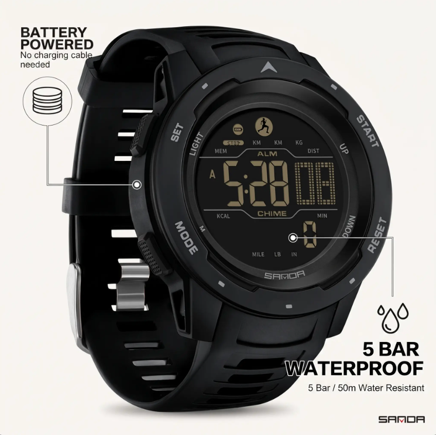 Digital Pedometer Watch, Waterproof Sports Wristwatch with Step Counter-Ridorn