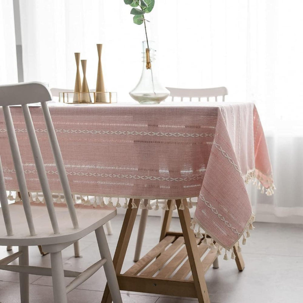 Dining Room Elegant Tablecloth | Striped Design with Tassel Lace | Ridorn-Table Linen-Ridorn