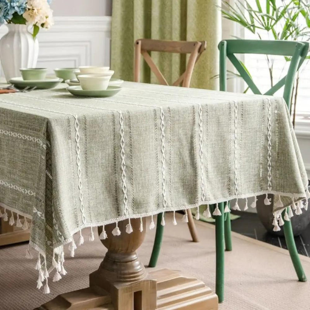 Dining Room Elegant Tablecloth | Striped Design with Tassel Lace | Ridorn-Table Linen-Ridorn