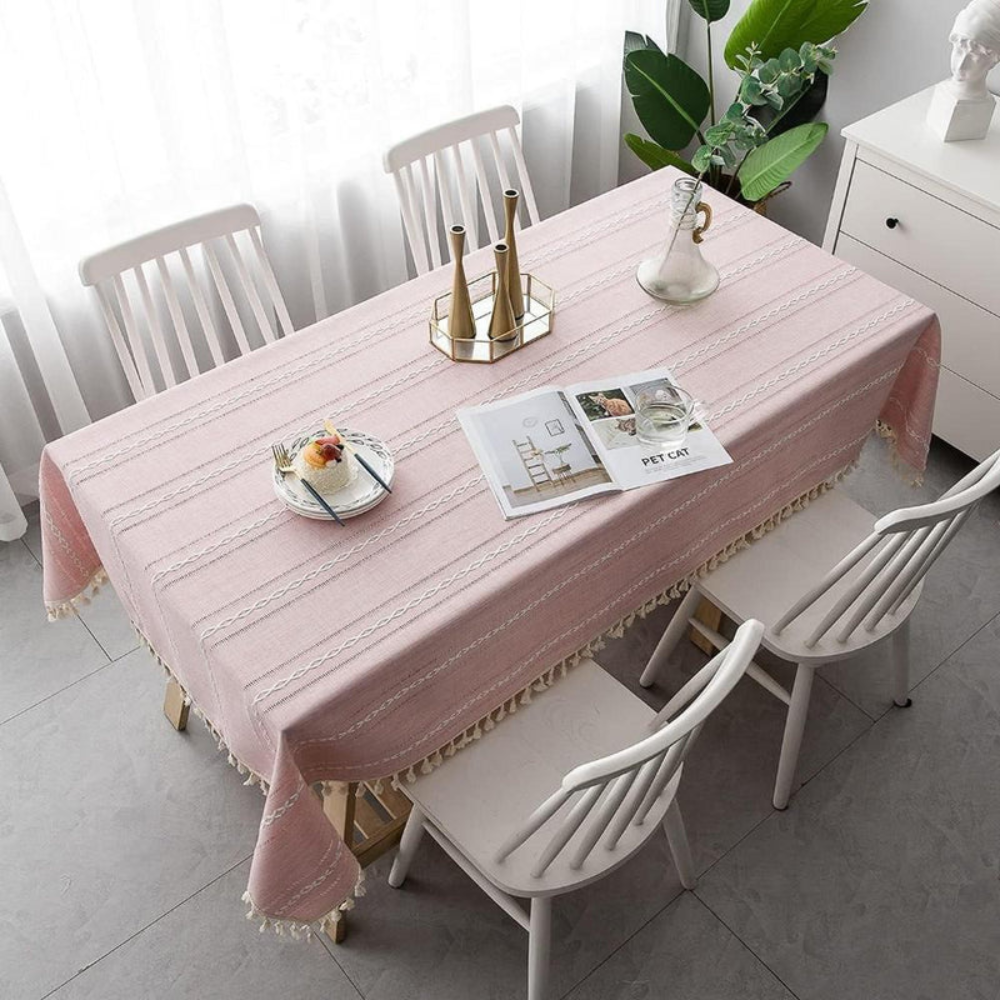 Dining Room Elegant Tablecloth | Striped Design with Tassel Lace | Ridorn-Table Linen-Ridorn