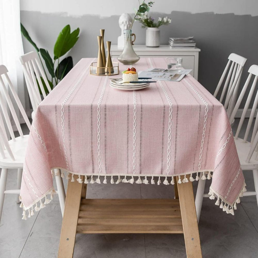 Dining Room Elegant Tablecloth | Striped Design with Tassel Lace | Ridorn-Table Linen-Ridorn