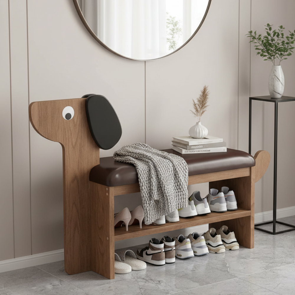 Dog-Shaped Shoe Storage Bench with Bamboo Base for Entryway | Ridorn-Benches-Ridorn