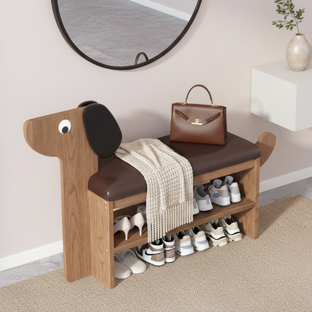 Dog-Shaped Shoe Storage Bench with Bamboo Base for Entryway | Ridorn-Benches-Ridorn