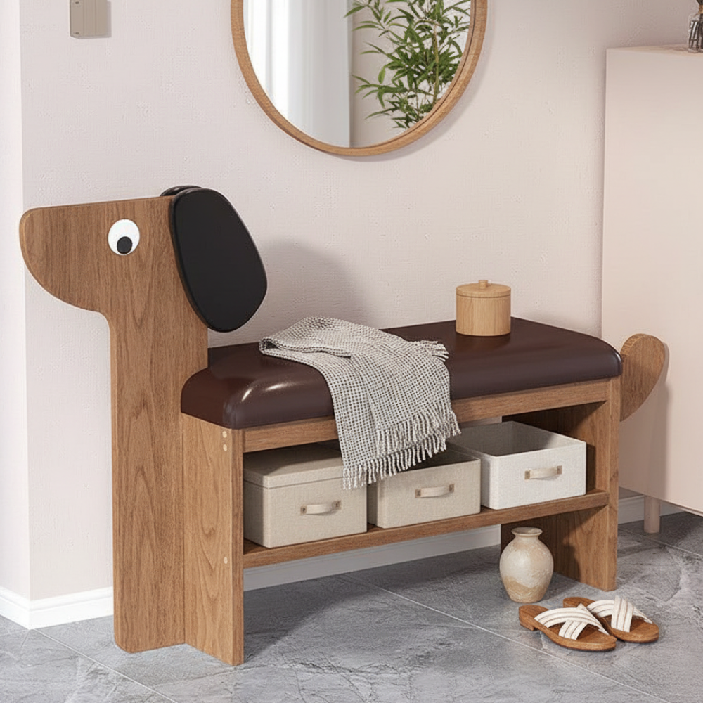 Dog-Shaped Shoe Storage Bench with Bamboo Base for Entryway | Ridorn-Benches-Ridorn