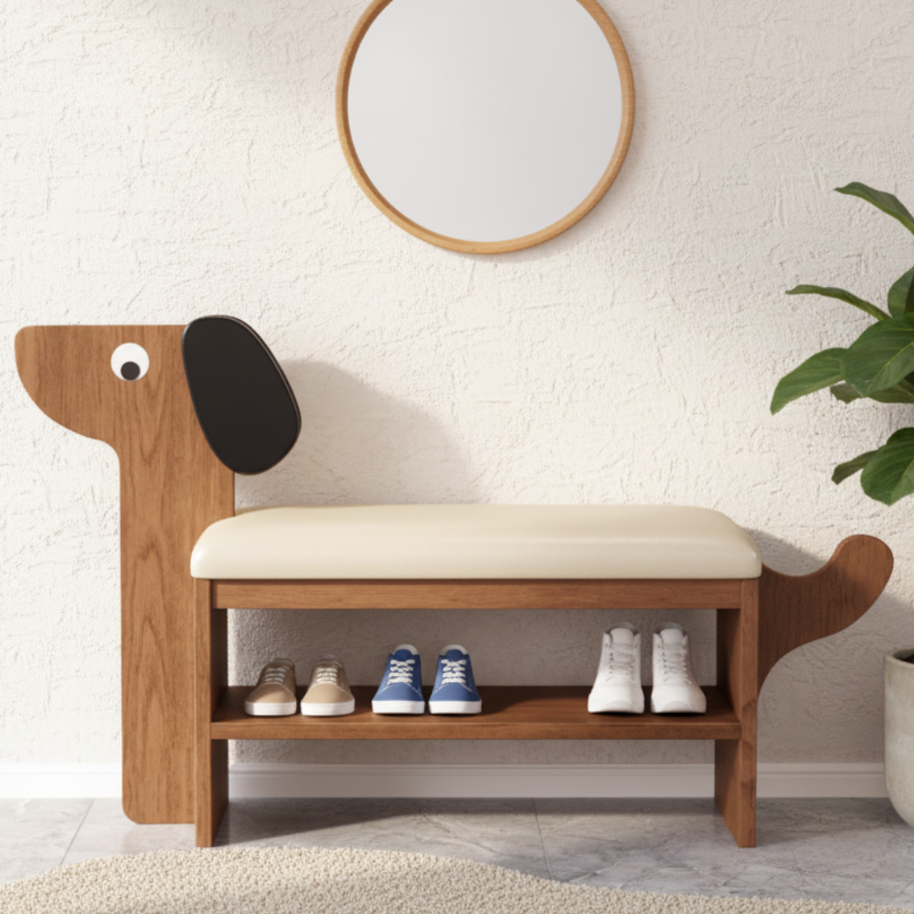 Dog-Shaped Shoe Storage Bench with Bamboo Base for Entryway | Ridorn-Benches-Ridorn