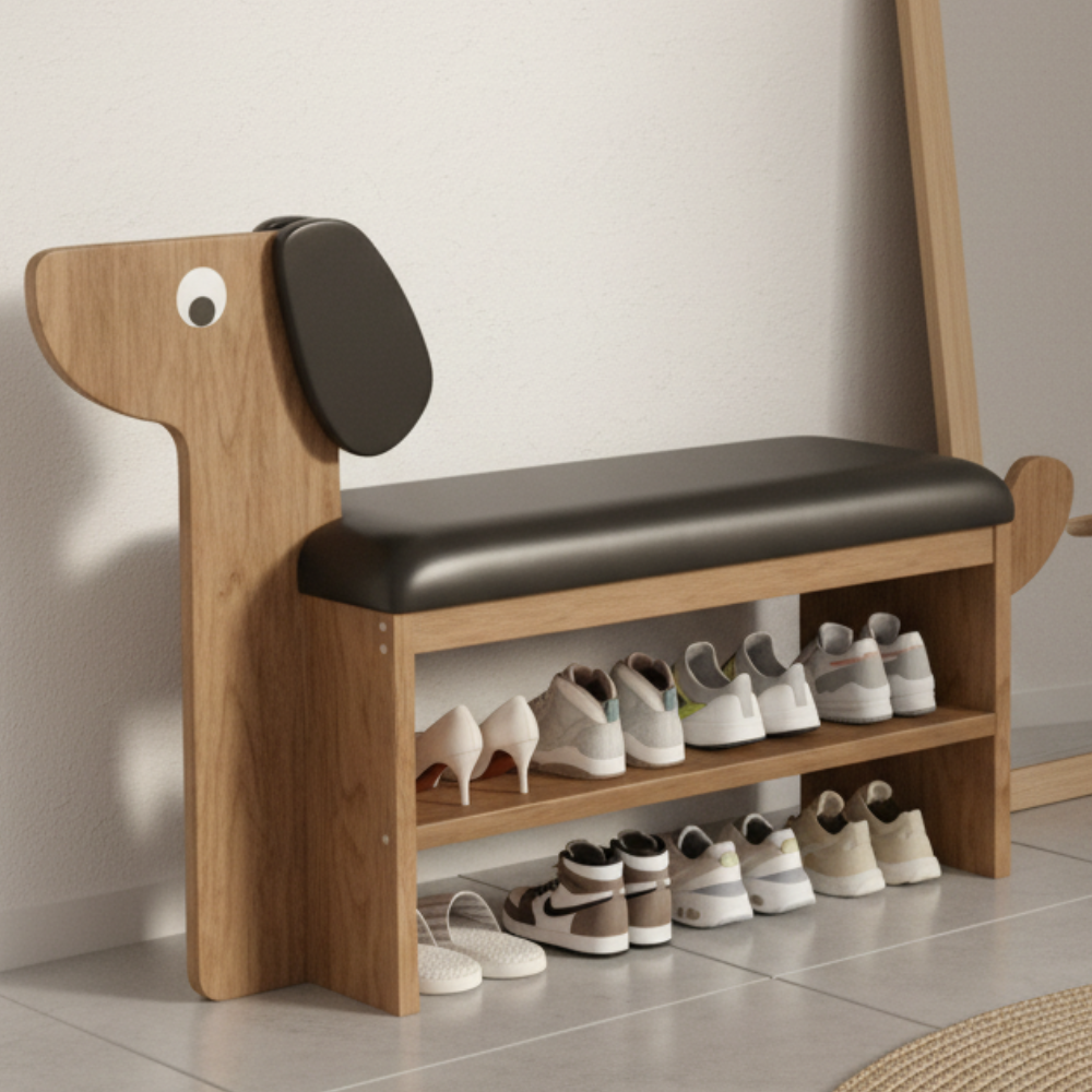 Dog-Shaped Shoe Storage Bench with Bamboo Base for Entryway | Ridorn-Benches-Ridorn