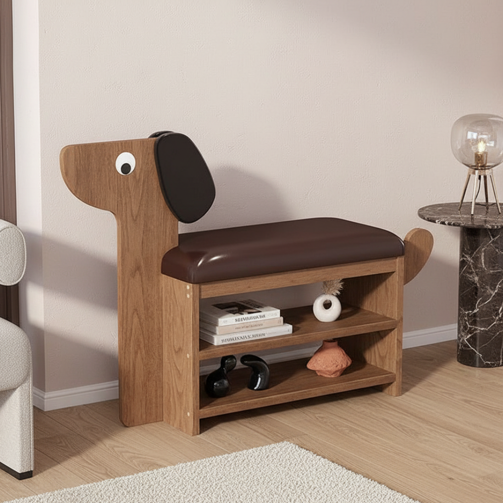 Dog-Shaped Shoe Storage Bench with Bamboo Base for Entryway | Ridorn-Benches-Ridorn