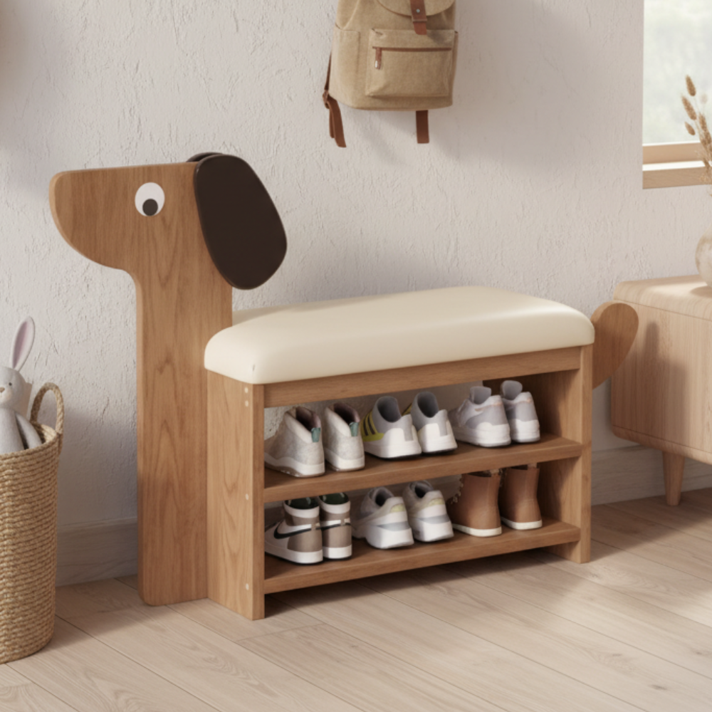 Dog-Shaped Shoe Storage Bench with Bamboo Base for Entryway | Ridorn-Benches-Ridorn