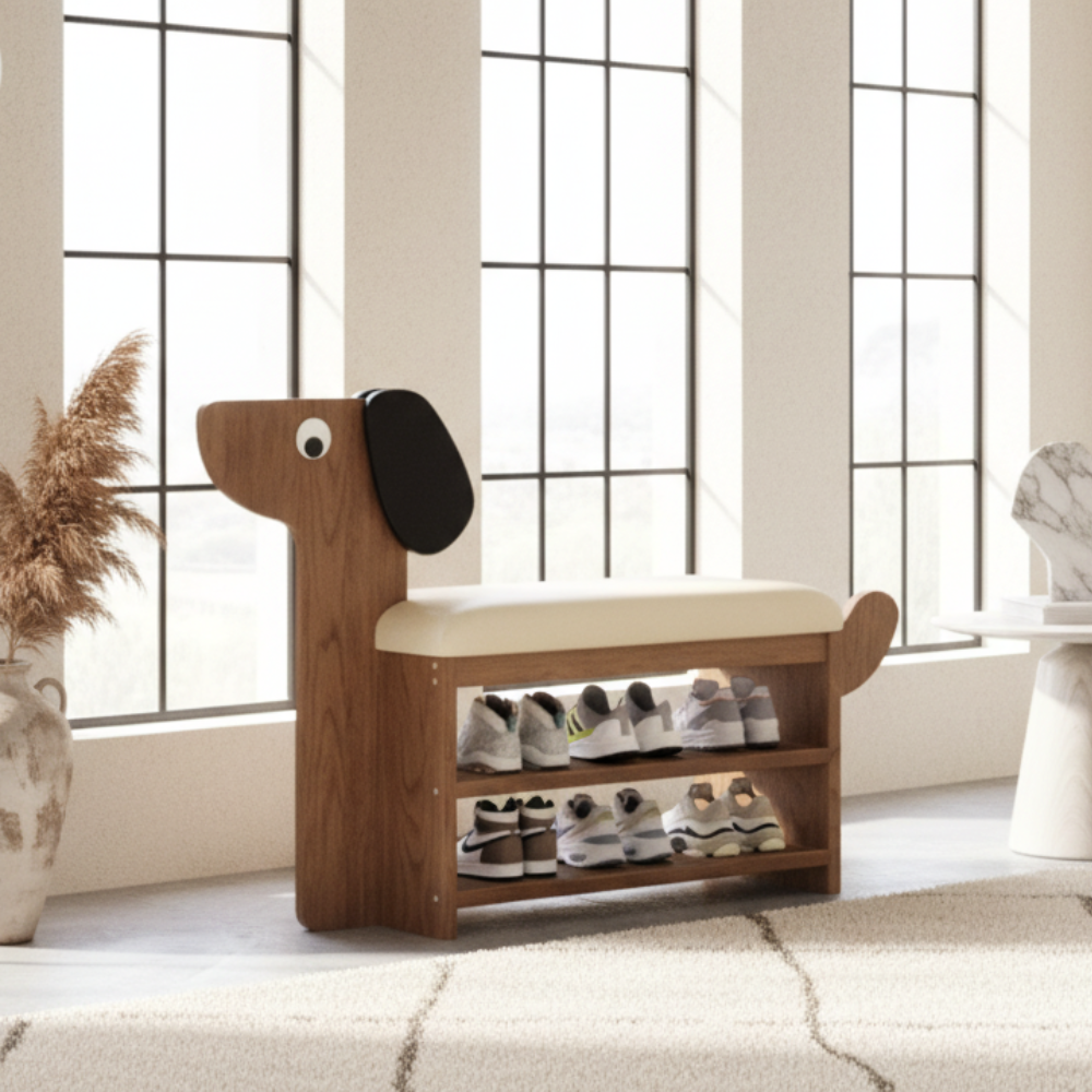 Dog-Shaped Shoe Storage Bench with Bamboo Base for Entryway | Ridorn-Benches-Ridorn