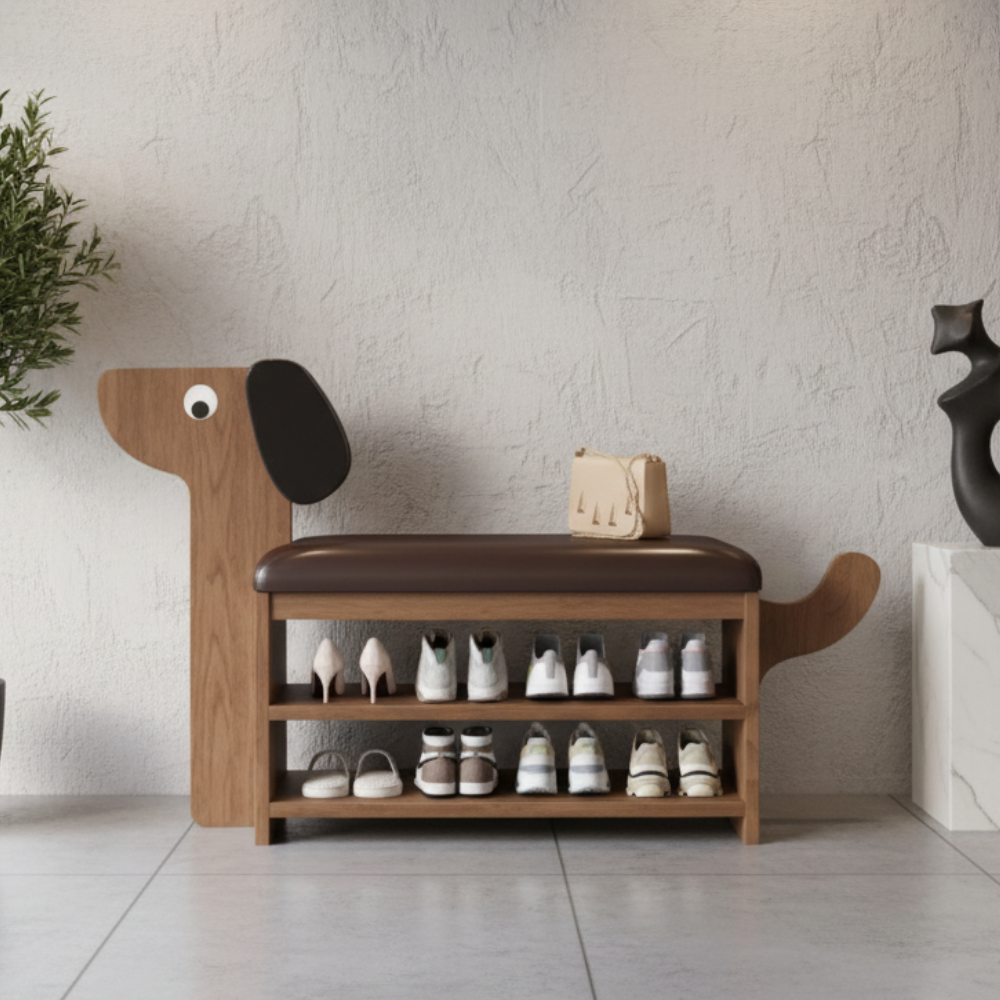 Dog-Shaped Shoe Storage Bench with Bamboo Base for Entryway | Ridorn-Benches-Ridorn