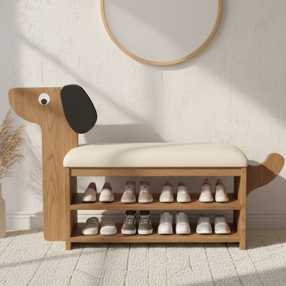 Dog-Shaped Shoe Storage Bench with Bamboo Base for Entryway | Ridorn-Benches-Ridorn