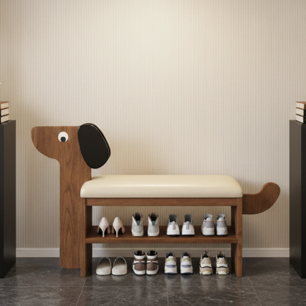 Dog-Shaped Shoe Storage Bench with Bamboo Base for Entryway | Ridorn-Benches-Ridorn
