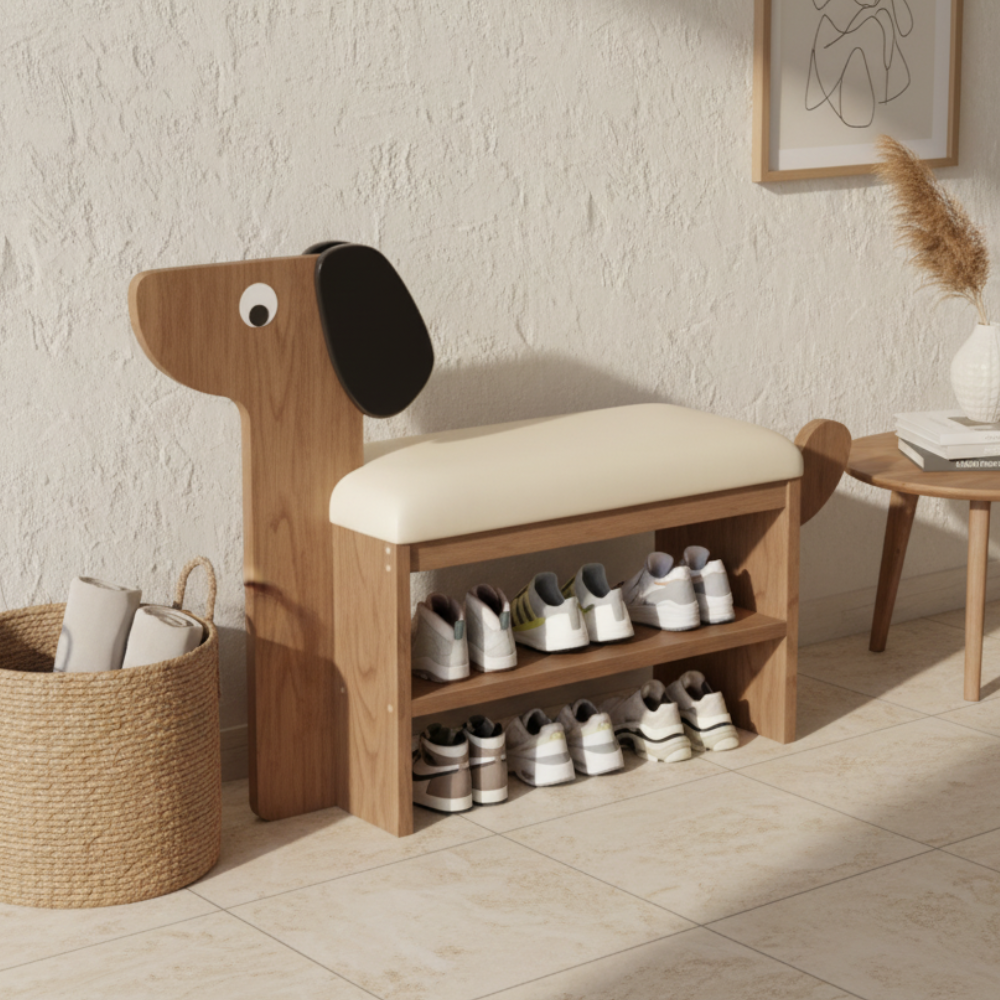 Dog-Shaped Shoe Storage Bench with Bamboo Base for Entryway | Ridorn-Benches-Ridorn