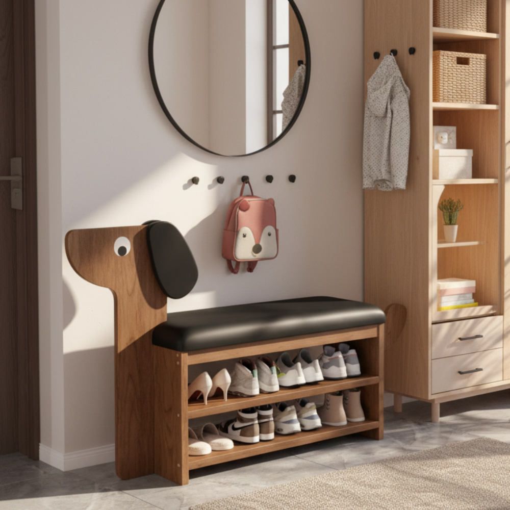 Dog-Shaped Shoe Storage Bench with Bamboo Base for Entryway | Ridorn-Benches-Ridorn