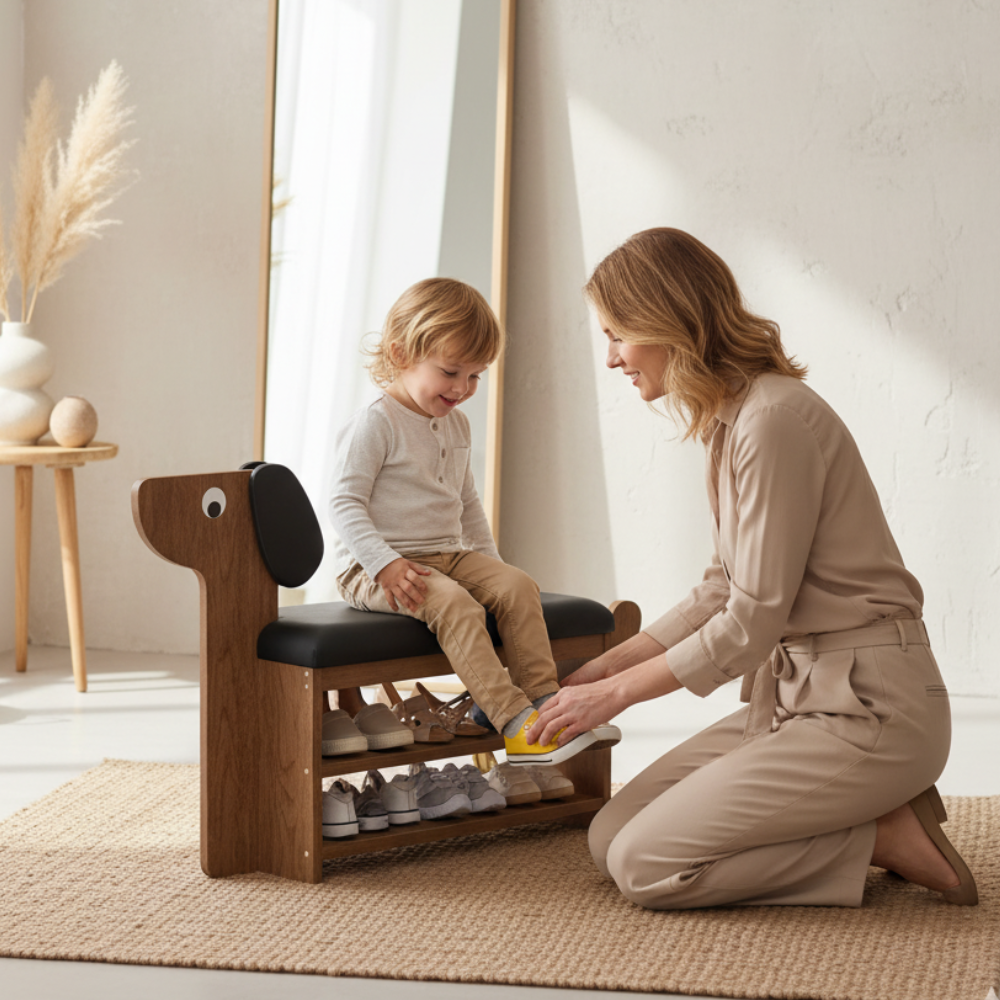 Dog-Shaped Shoe Storage Bench with Bamboo Base for Entryway | Ridorn-Benches-Ridorn