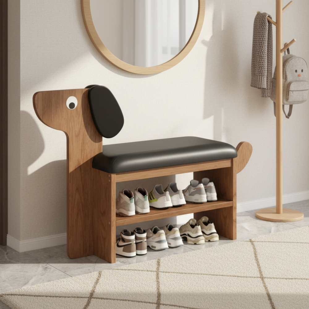 Dog-Shaped Shoe Storage Bench with Bamboo Base for Entryway | Ridorn-Benches-Ridorn