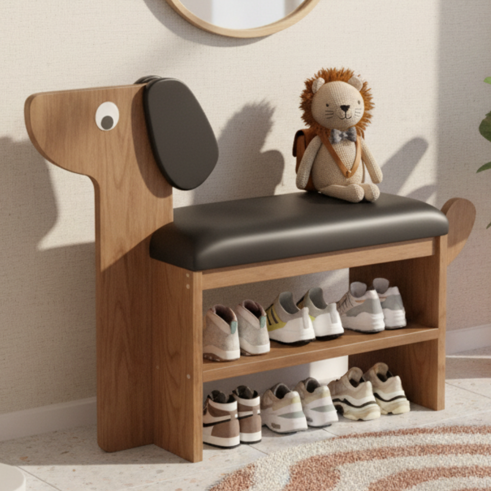 Dog-Shaped Shoe Storage Bench with Bamboo Base for Entryway | Ridorn-Benches-Ridorn