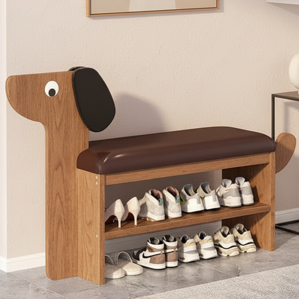 Dog-Shaped Shoe Storage Bench with Bamboo Base for Entryway | Ridorn-Benches-Ridorn
