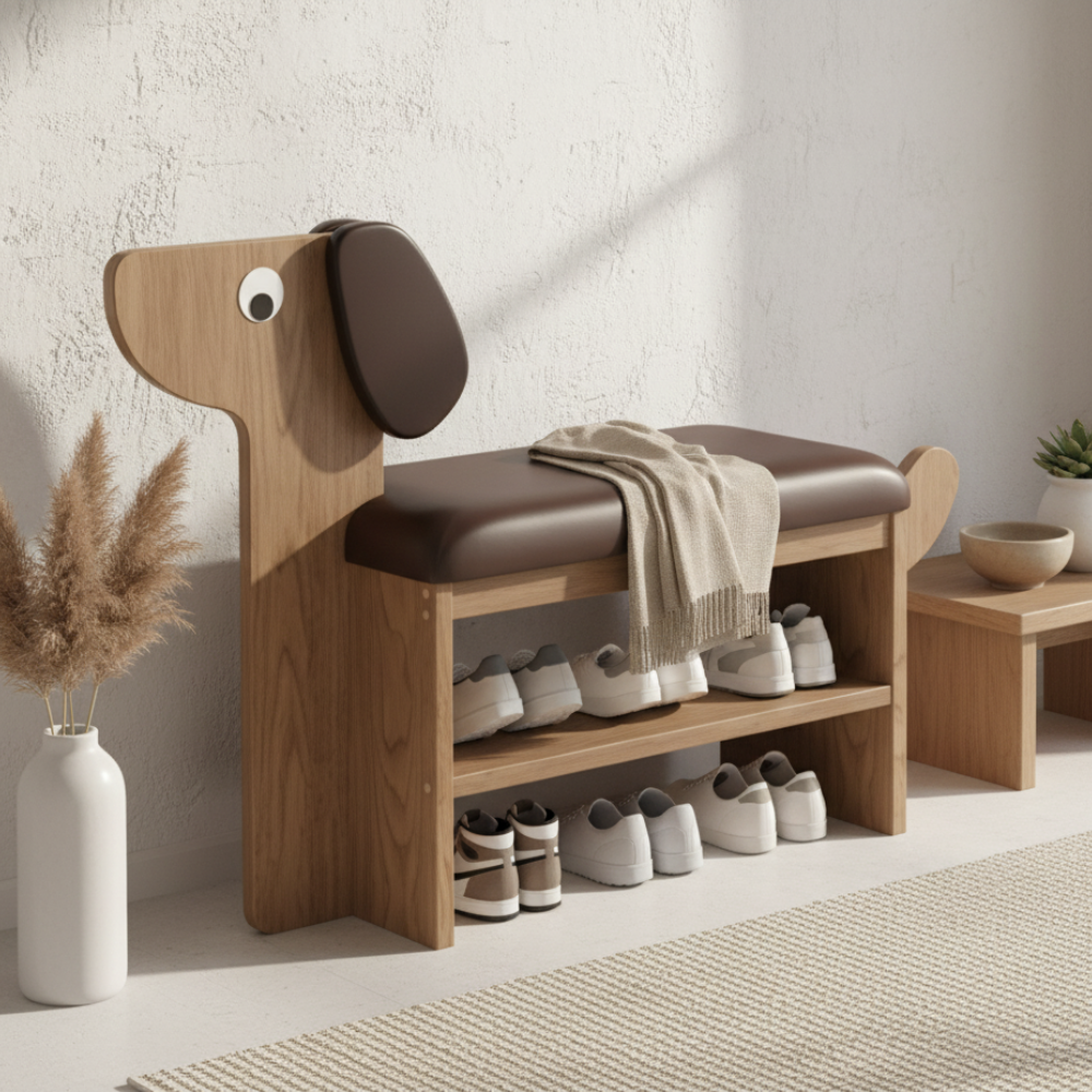 Dog-shaped shoe storage bench dark brown front view