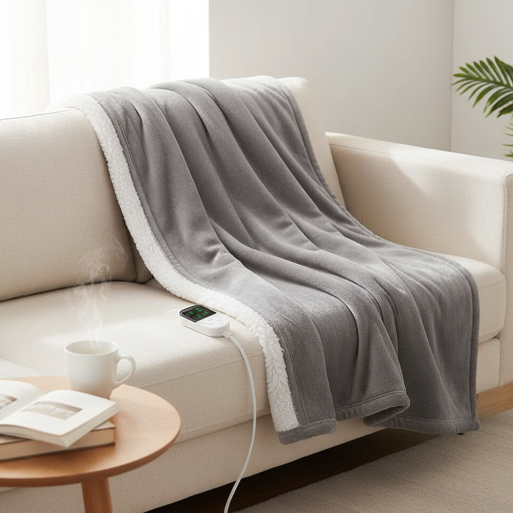 Electric heated throw blanket with 6 temperature settings studio view
