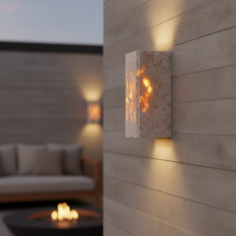 Elegant Wabi Sabi Outdoor Wall Light | Natural Travertine | Ridorn