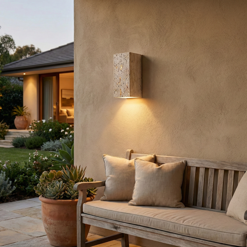 Elegant Wabi Sabi Outdoor Wall Light | Natural Travertine | Ridorn