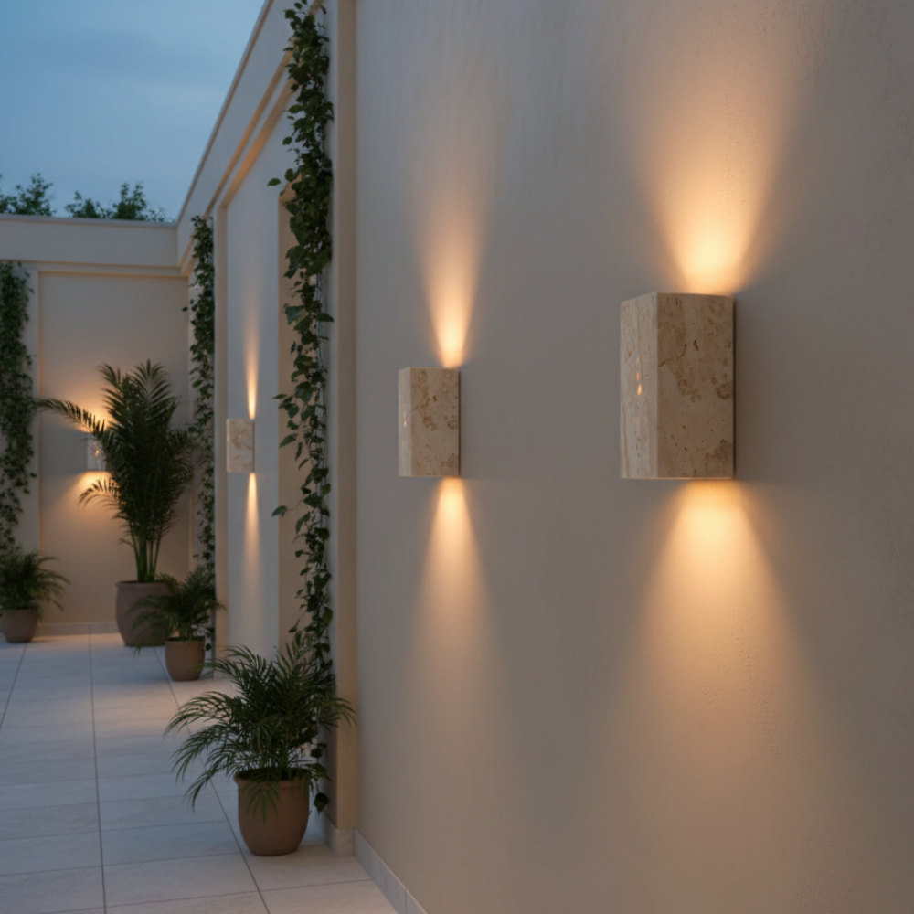 Elegant Wabi Sabi Outdoor Wall Light | Natural Travertine | Ridorn