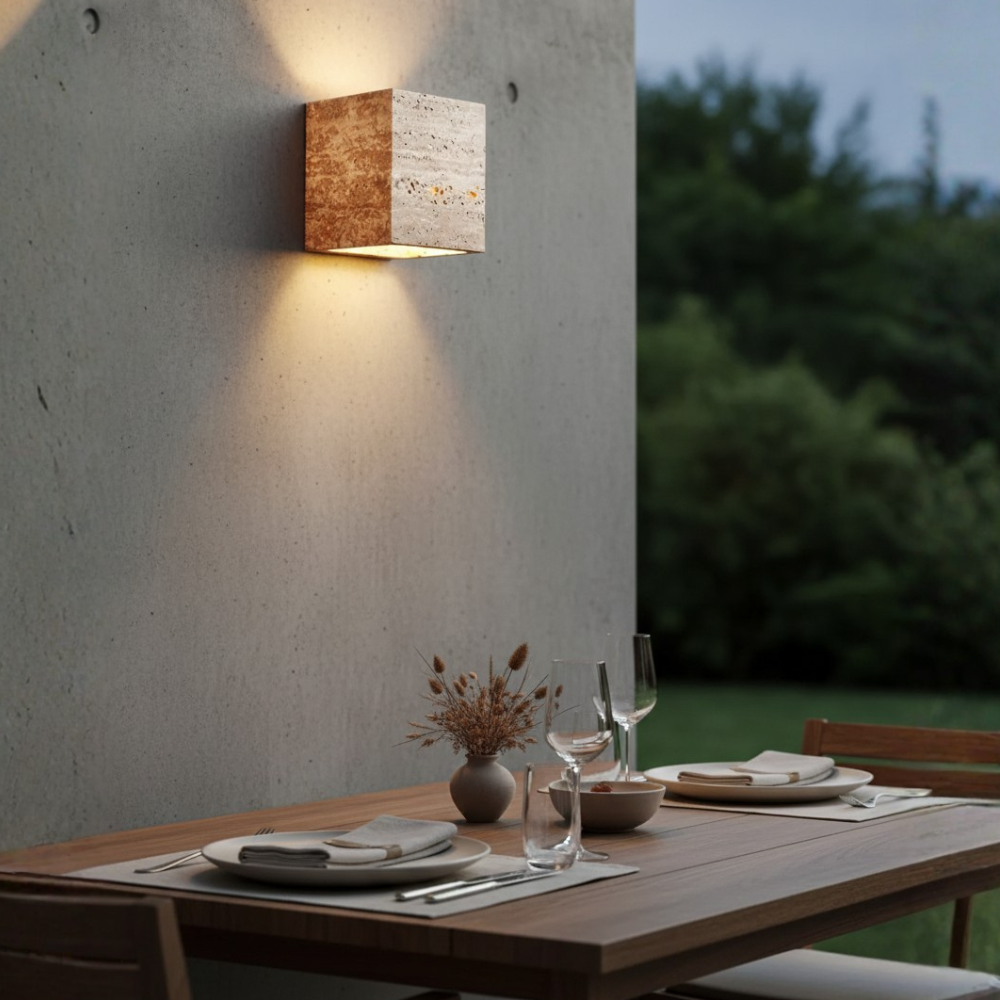 Elegant Wabi Sabi Outdoor Wall Light | Natural Travertine | Ridorn