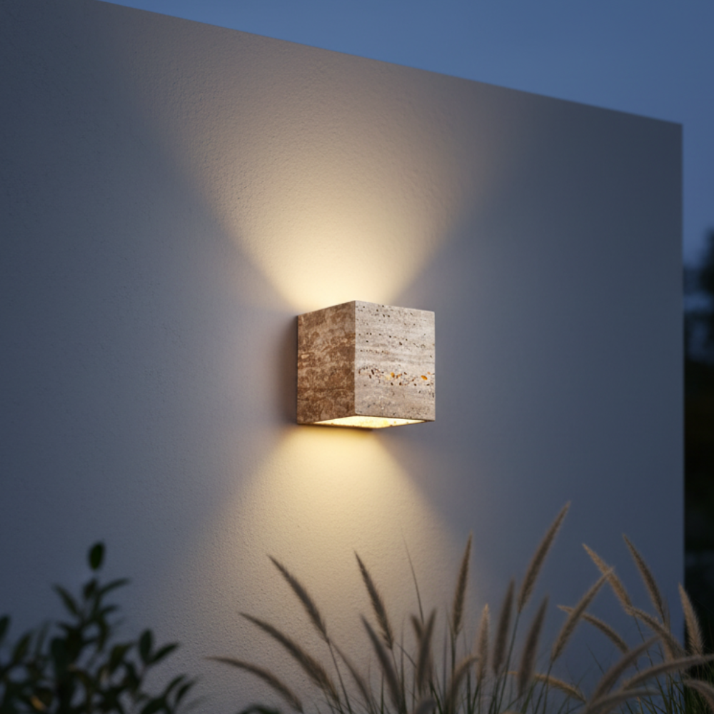 Elegant Wabi Sabi Outdoor Wall Light | Natural Travertine | Ridorn