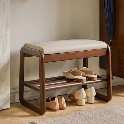 Stylish shoe storage bench solid wood leather top front view