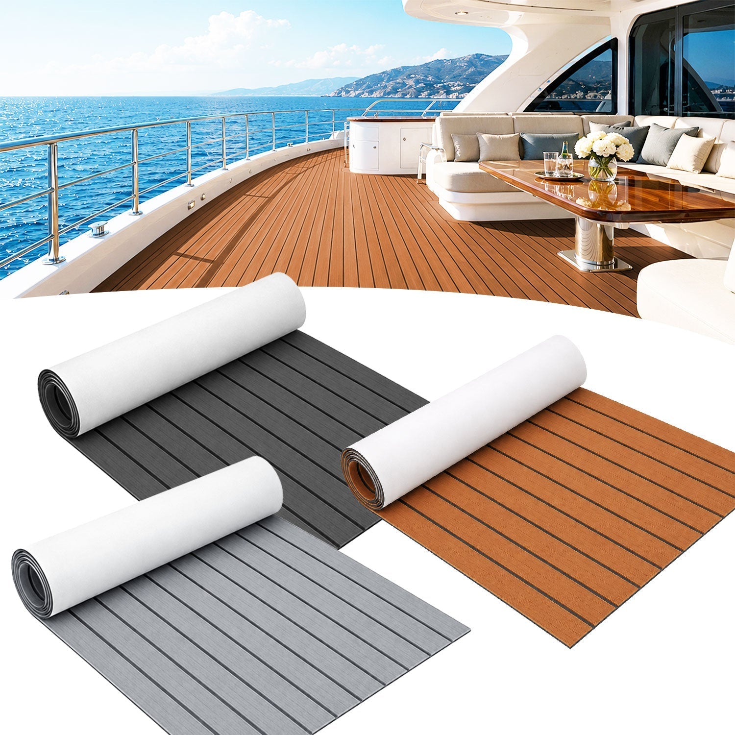 EVA Boat Flooring Sheet, Self-Adhesive Teak Look Marine Deck Pad, Non-Slip-Ridorn