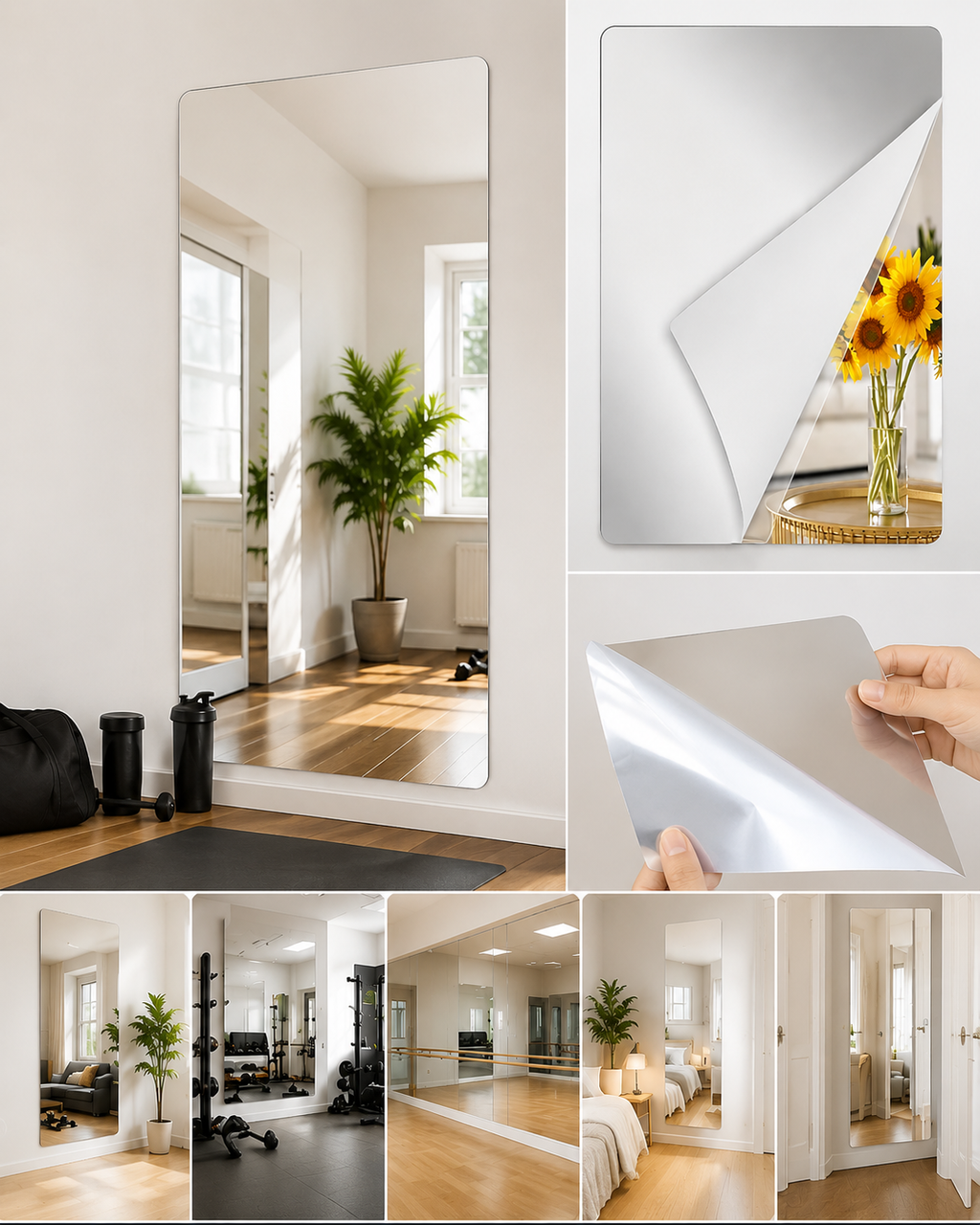 Shatterproof Mirror Film, Flexible Self-Adhesive Wall Mirror Sheets for Home & Gym