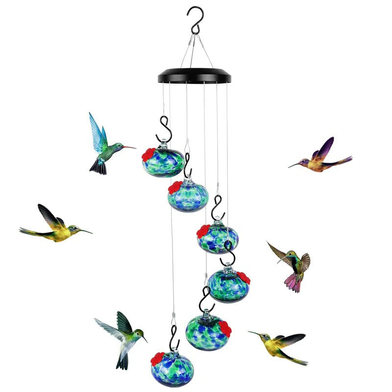 Glass Hummingbird Feeder with Wind Chime, Handcrafted Garden Bird Feeder Ornament-Ridorn