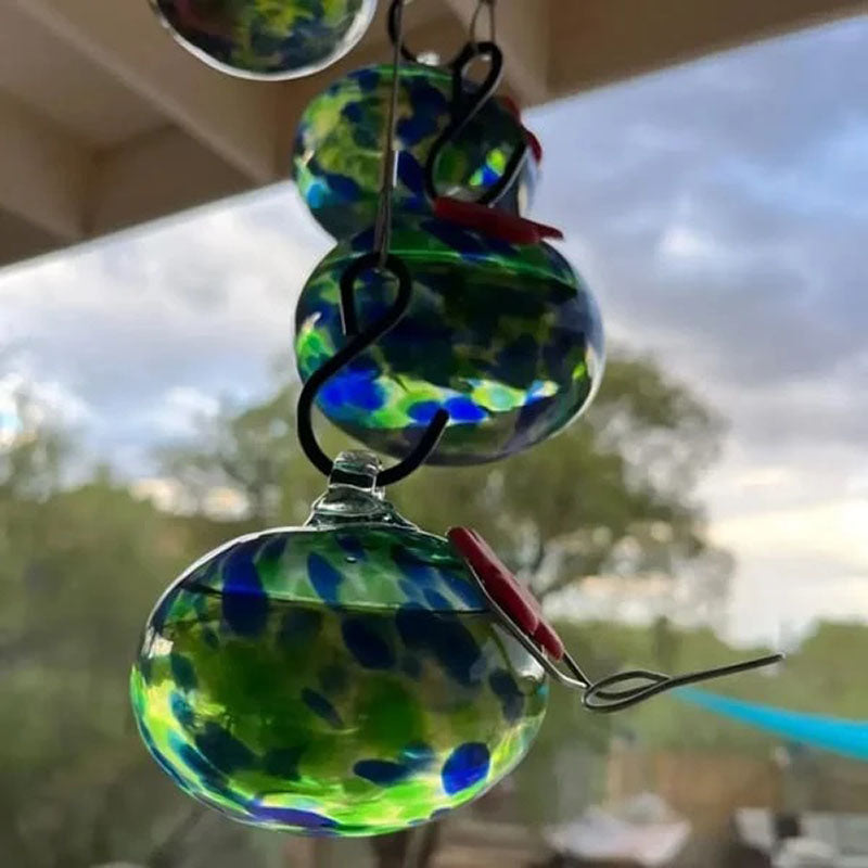 Glass Hummingbird Feeder with Wind Chime, Handcrafted Garden Bird Feeder Ornament-Ridorn