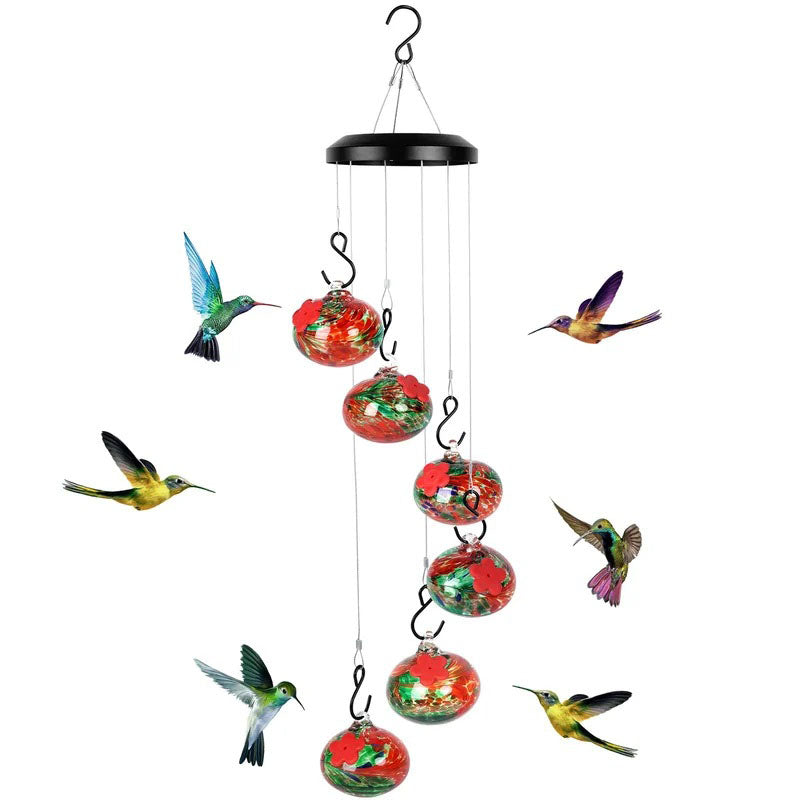 Glass Hummingbird Feeder with Wind Chime, Handcrafted Garden Bird Feeder Ornament-Ridorn