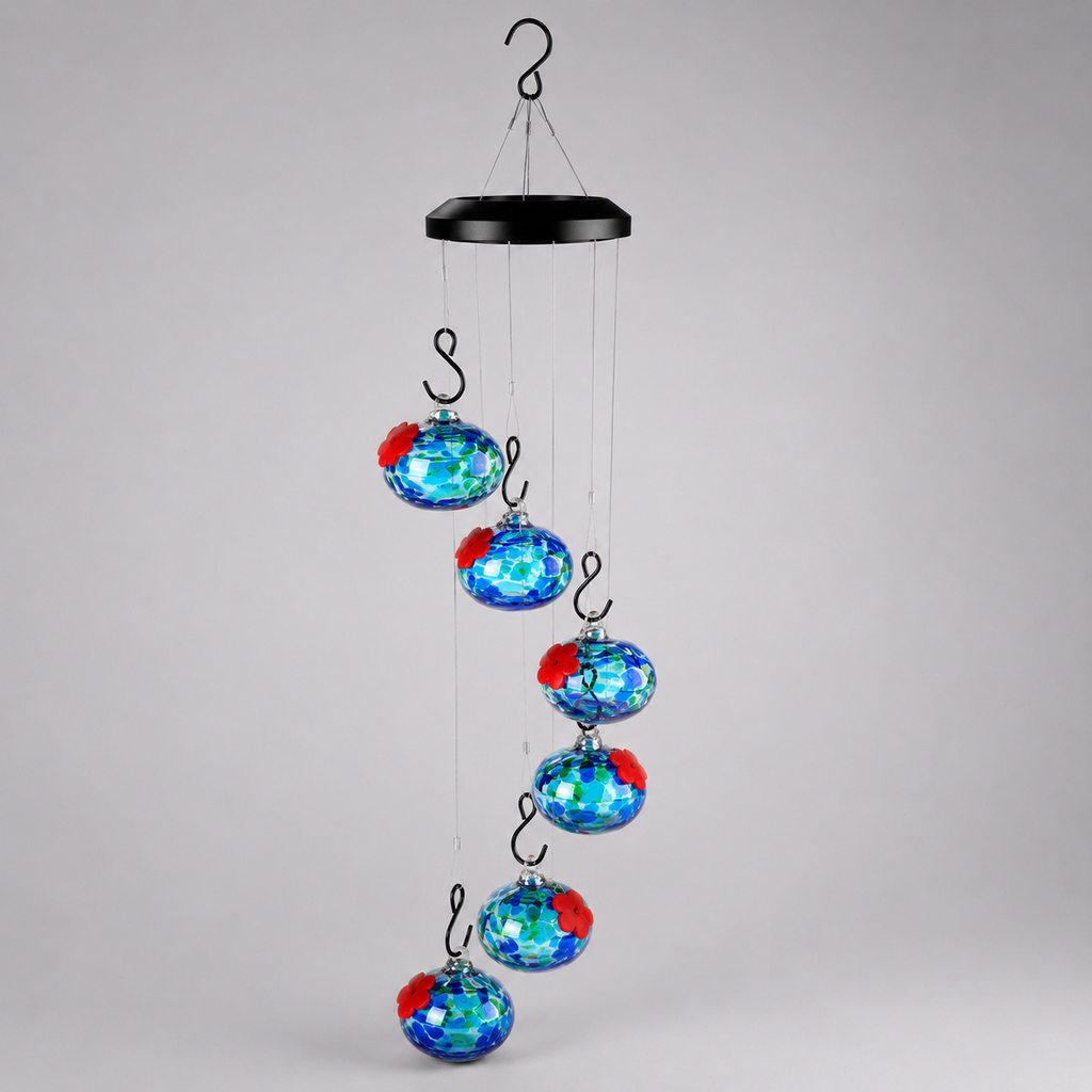 Glass Hummingbird Feeder with Wind Chime, Handcrafted Garden Bird Feeder Ornament