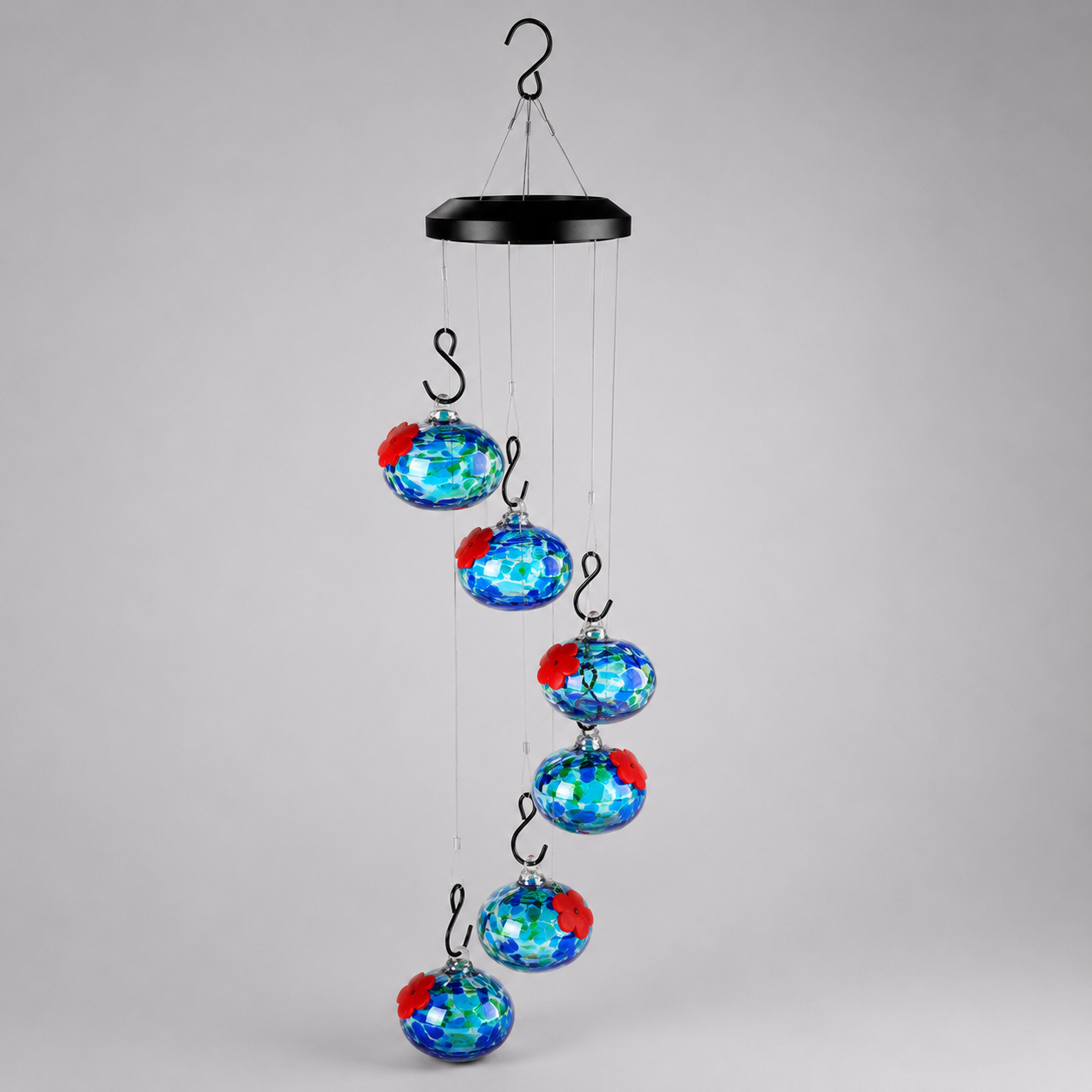 Glass Hummingbird Feeder with Wind Chime, Handcrafted Garden Bird Feeder Ornament