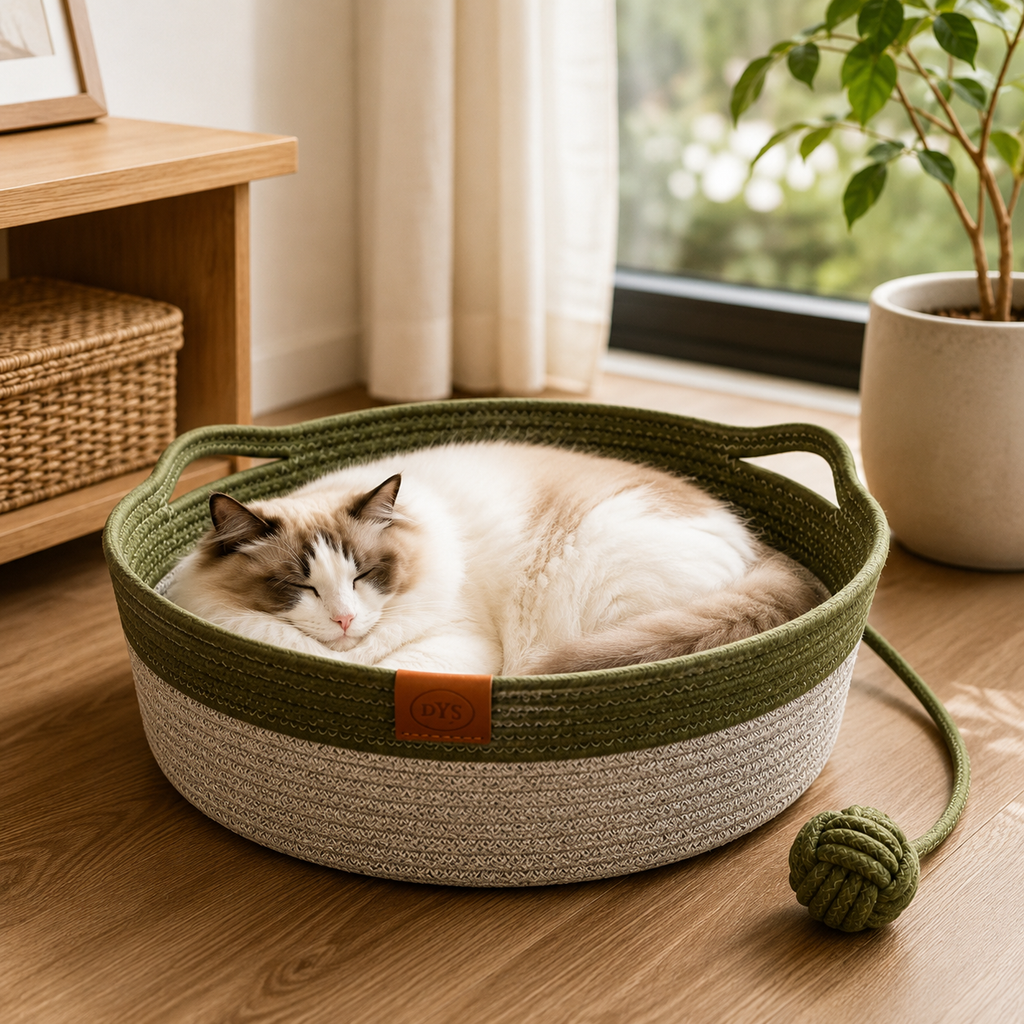 Handwoven Cotton Rope Cat Bed, Cozy Round Pet Basket for Cats & Small Pets