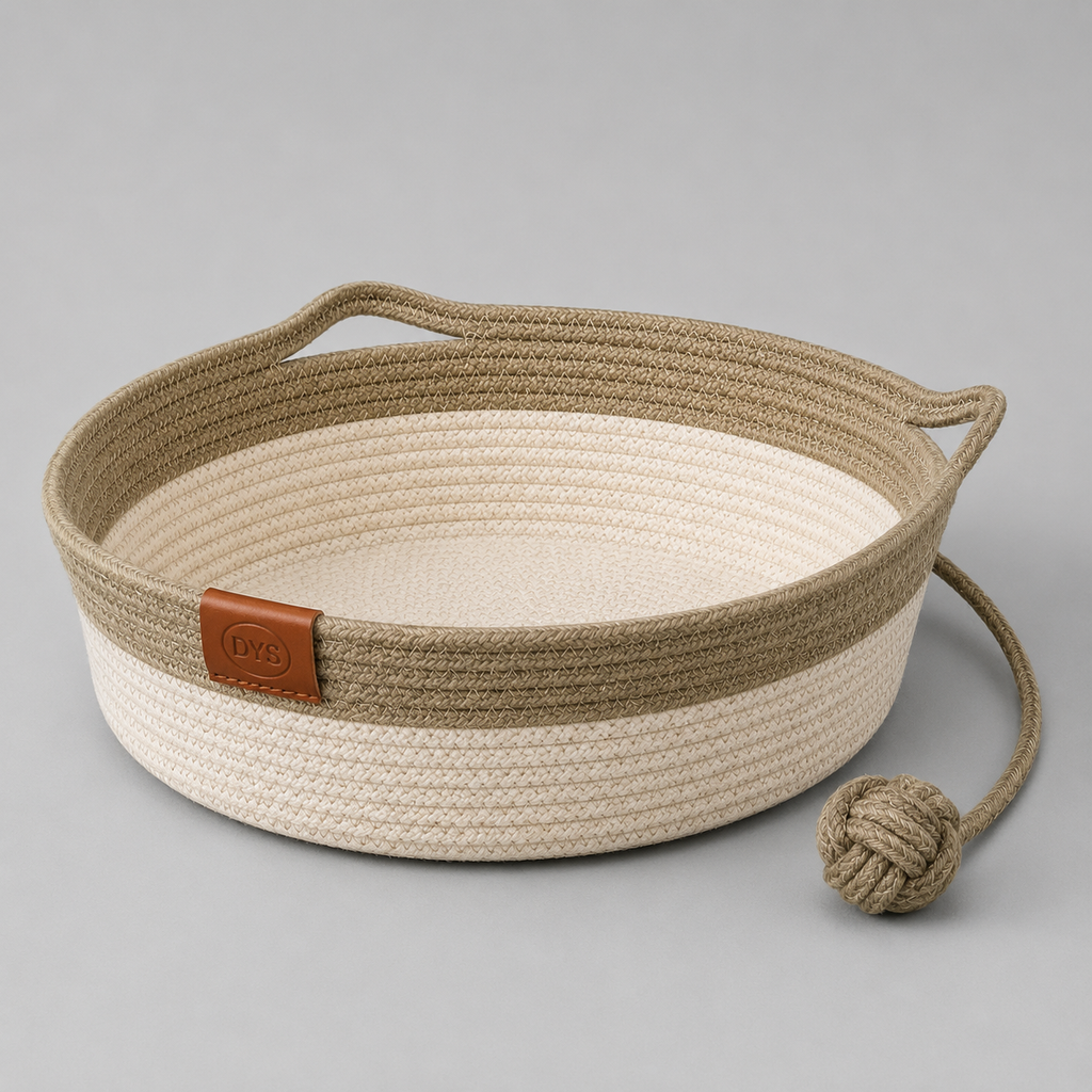 Handwoven Cotton Rope Cat Bed, Cozy Round Pet Basket for Cats & Small Pets