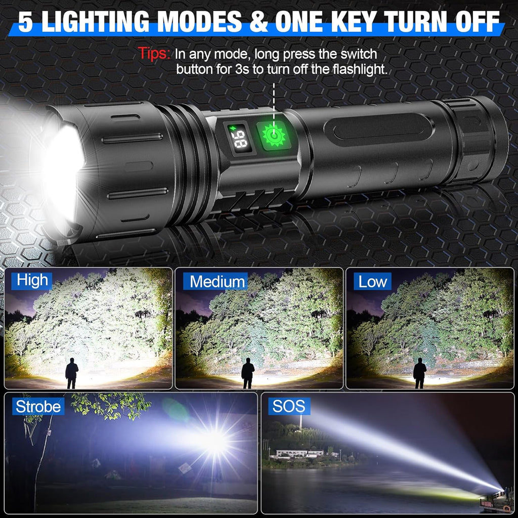 High-Power LED Flashlight 100,000 Lumens, Rechargeable Long-Range Torch for Camping & Outdoor-Ridorn