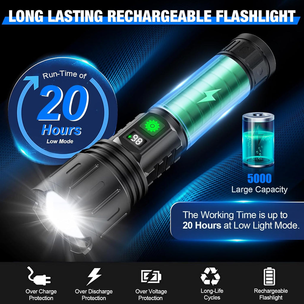 High-Power LED Flashlight 100,000 Lumens, Rechargeable Long-Range Torch for Camping & Outdoor-Ridorn
