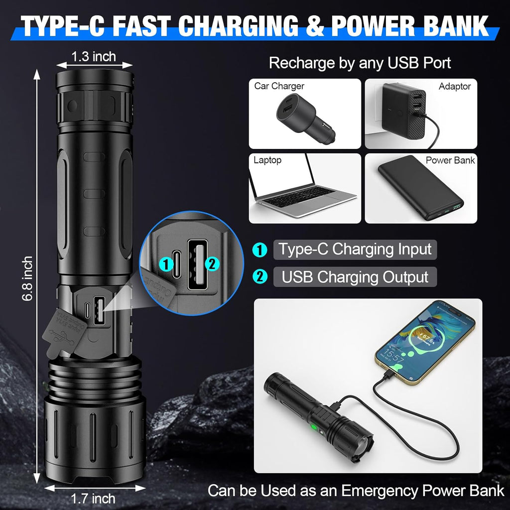 High-Power LED Flashlight 100,000 Lumens, Rechargeable Long-Range Torch for Camping & Outdoor-Ridorn