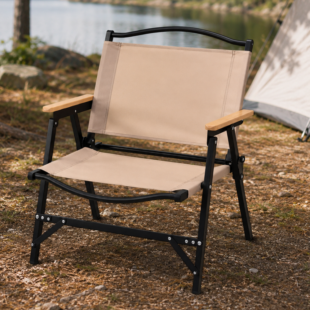 Outdoor khaki camping chair with armrests front view