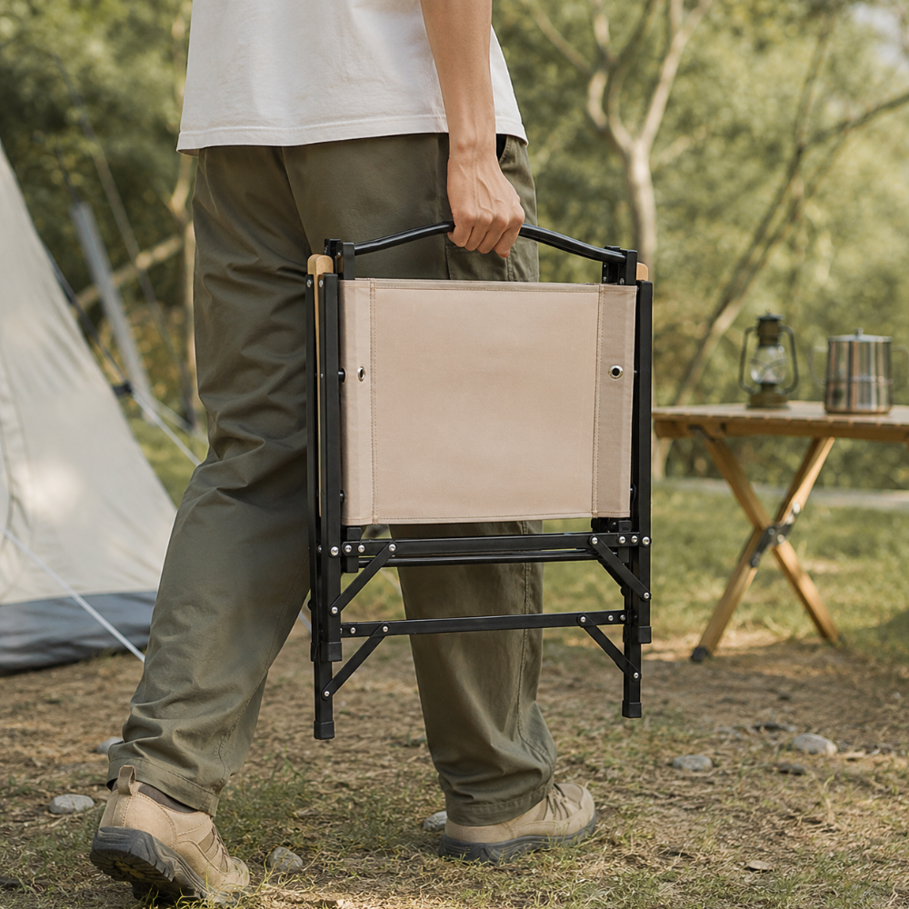 Khaki Minimalist Outdoor Camping Chair with Armrests, | Ridorn