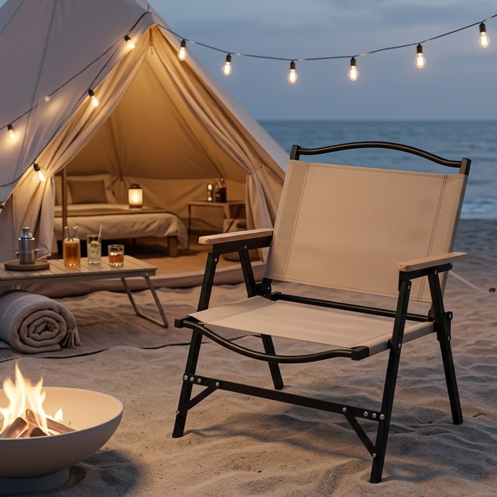 Khaki Minimalist Outdoor Camping Chair with Armrests, | Ridorn
