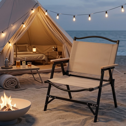 Khaki Minimalist Outdoor Camping Chair with Armrests, | Ridorn