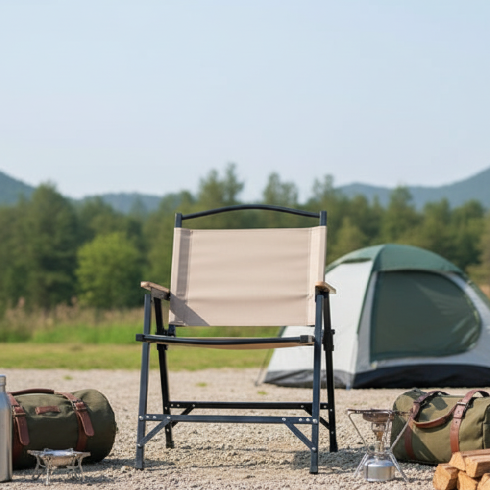 Khaki Minimalist Outdoor Camping Chair with Armrests, | Ridorn